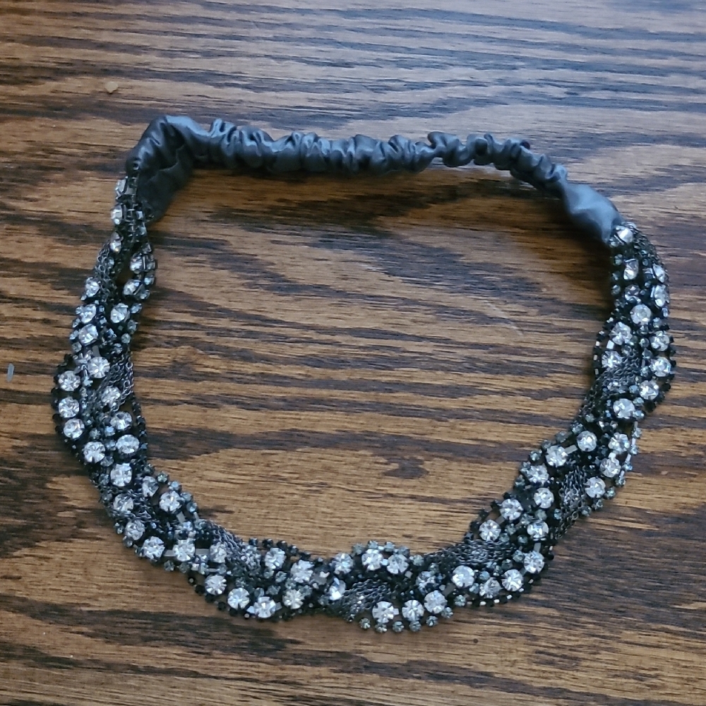 NWOT TASHA Black and Silver Beaded Headband w/a Silver/blue-ish Satin Underband